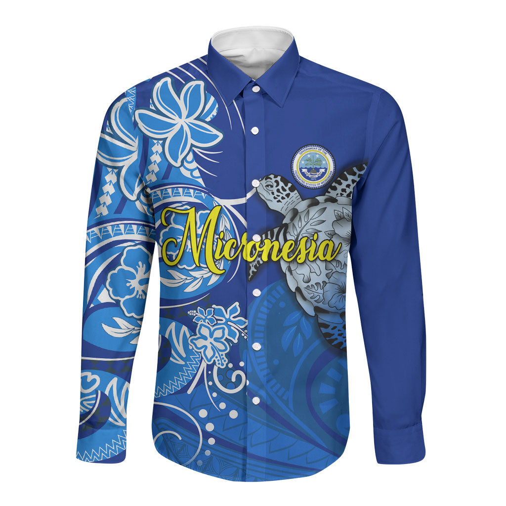 Micronesia Sea Turtle Long Sleeve Button Shirt Federated States Of Micronesia Tribal Floral Pattern