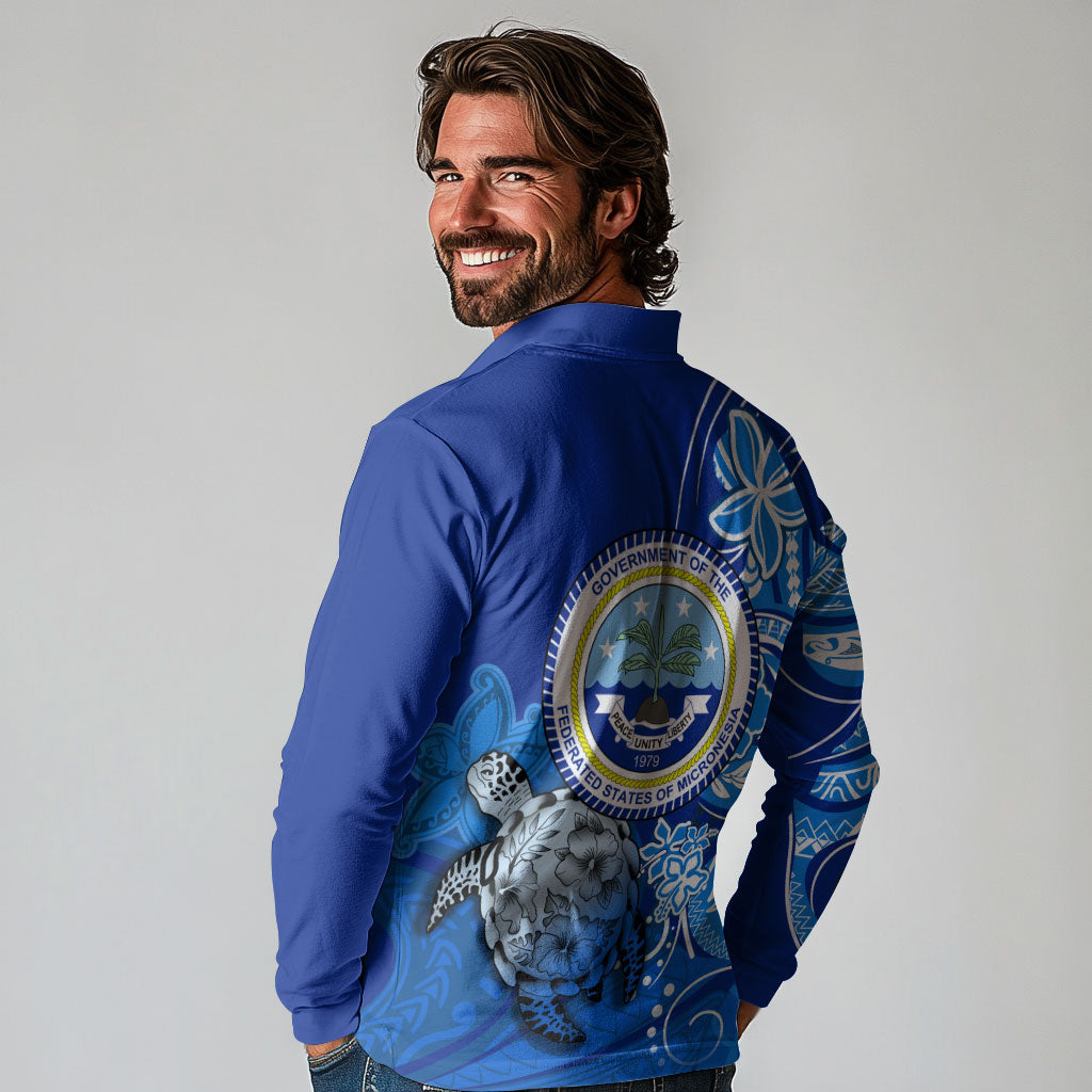 Micronesia Sea Turtle Long Sleeve Polo Shirt Federated States Of Micronesia Tribal Floral Pattern