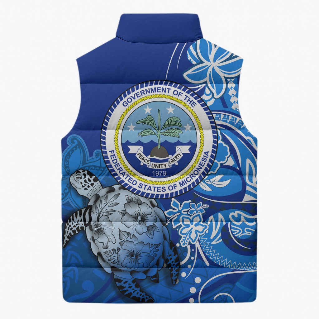 Micronesia Sea Turtle Sleeveless Puffer Jacket Federated States Of Micronesia Tribal Floral Pattern
