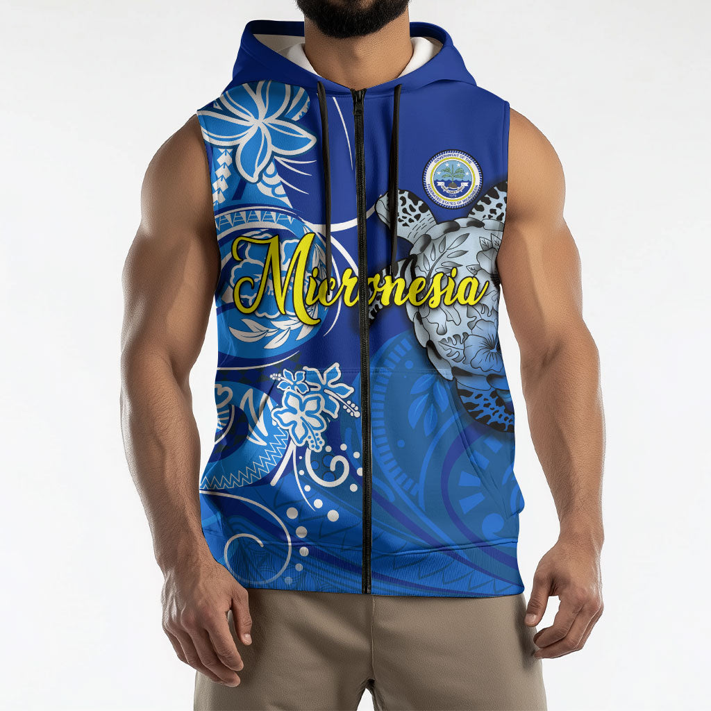 Micronesia Sea Turtle Sleeveless Zip Hoodie Federated States Of Micronesia Tribal Floral Pattern
