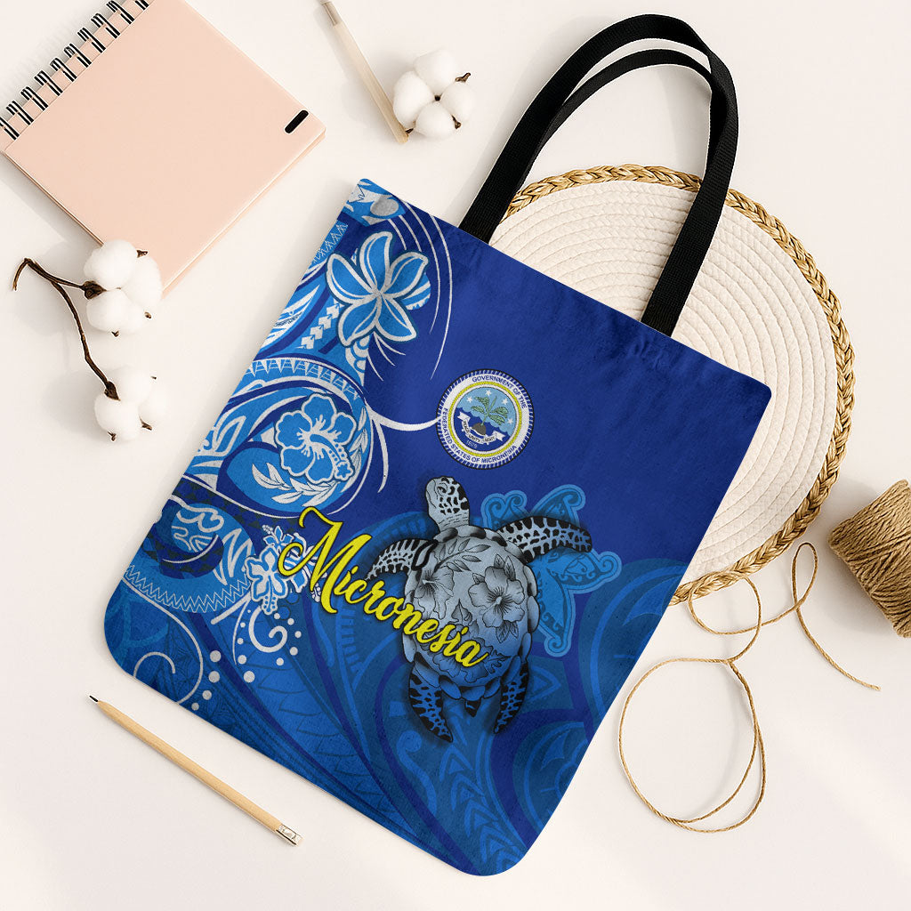 Micronesia Sea Turtle Tote Bag Federated States Of Micronesia Tribal Floral Pattern TS04 Black Strap One Size Blue White - Polynesian Pride