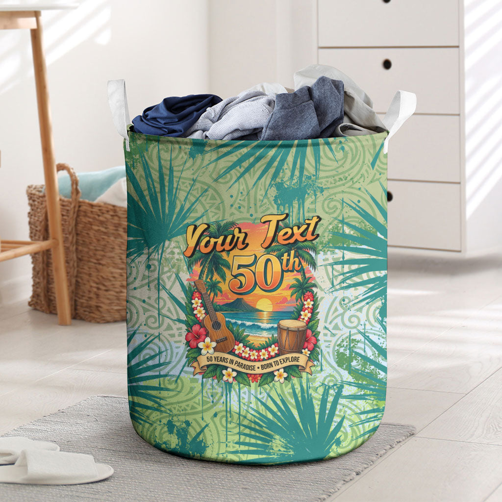 Personalized Polynesia 50th Birthday Laundry Basket Vintage Hawaiian Floral Ukulele Tropical Sunset Art TS04 Green - Polynesian Pride