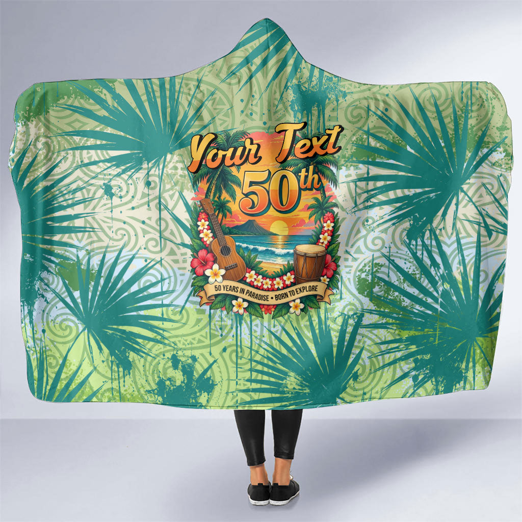 Personalized Polynesia 50th Birthday Hooded Blanket Vintage Hawaiian Floral Ukulele Tropical Sunset Art TS04 One Size Green - Polynesian Pride