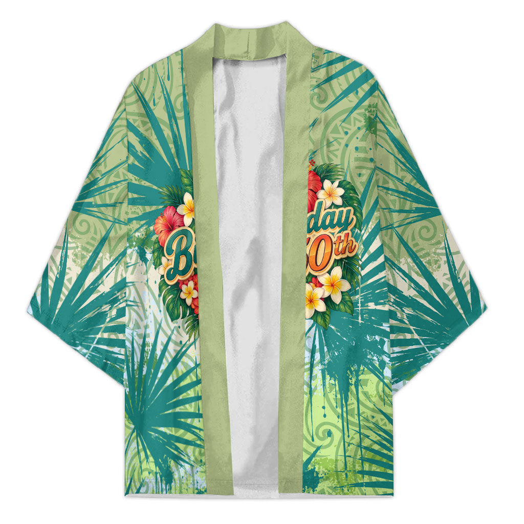 Personalized Polynesia 50th Birthday Kimono Vintage Hawaiian Floral Ukulele Tropical Sunset Art TS04 Unisex Green - Polynesian Pride