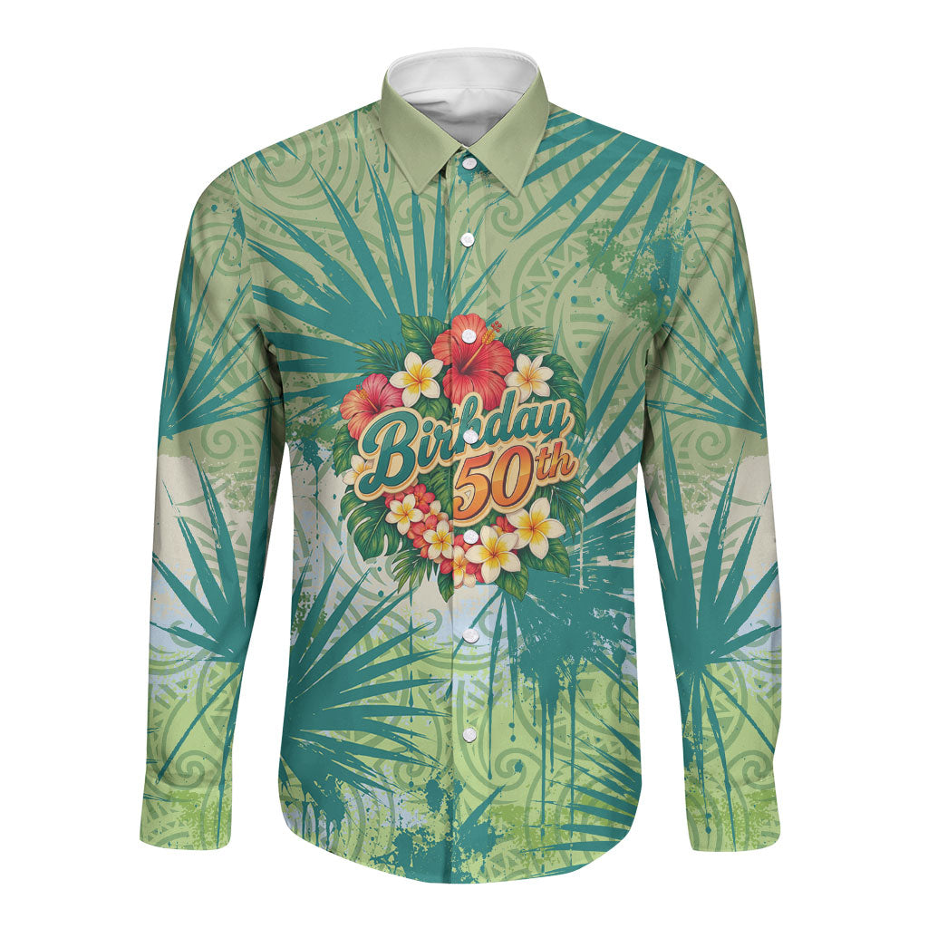 Personalized Polynesia 50th Birthday Long Sleeve Button Shirt Vintage Hawaiian Floral Ukulele Tropical Sunset Art TS04 Unisex Green - Polynesian Pride