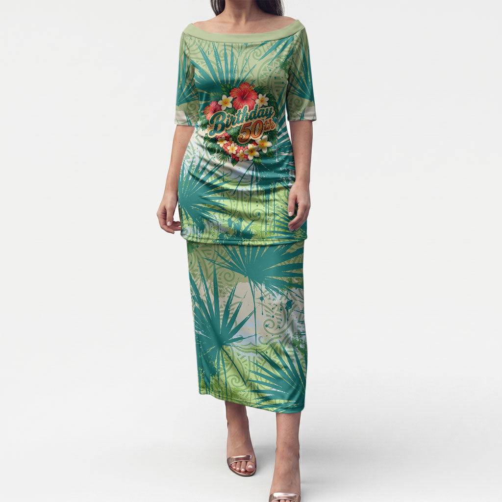 Personalized Polynesia 50th Birthday Puletasi Vintage Hawaiian Floral Ukulele Tropical Sunset Art TS04 Long Dress Green - Polynesian Pride