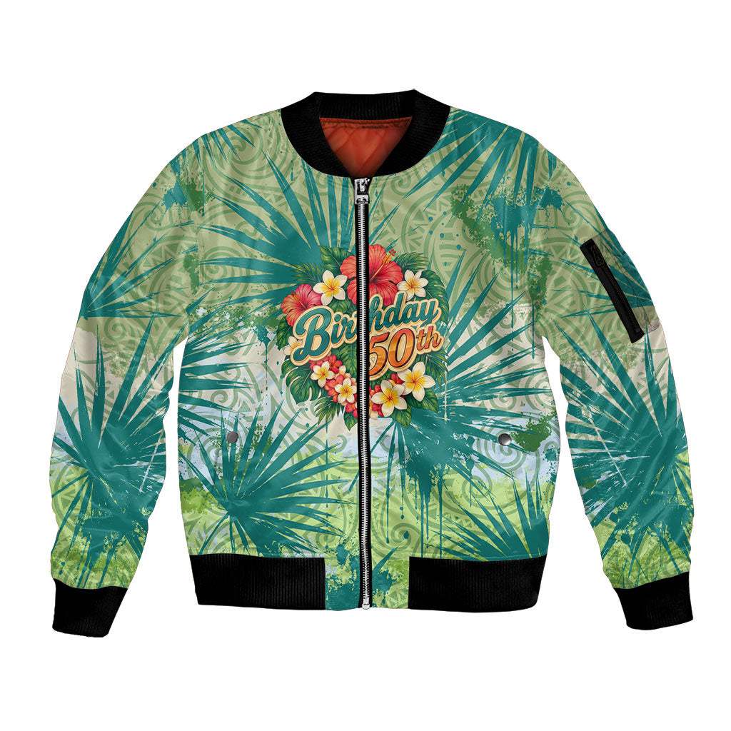Personalized Polynesia 50th Birthday Sleeve Zip Bomber Jacket Vintage Hawaiian Floral Ukulele Tropical Sunset Art TS04 Unisex Green - Polynesian Pride