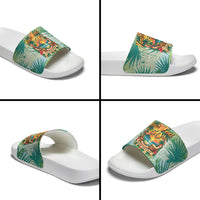 Personalized Polynesia 50th Birthday Slide Sandals Vintage Hawaiian Floral Ukulele Tropical Sunset Art TS04 - Polynesian Pride