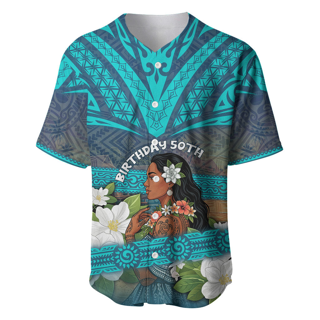 Personalized Polynesian Woman 50th Birthday Baseball Jersey Traditional Pacific Tribal Tattoo Floral Art TS04 Blue - Polynesian Pride