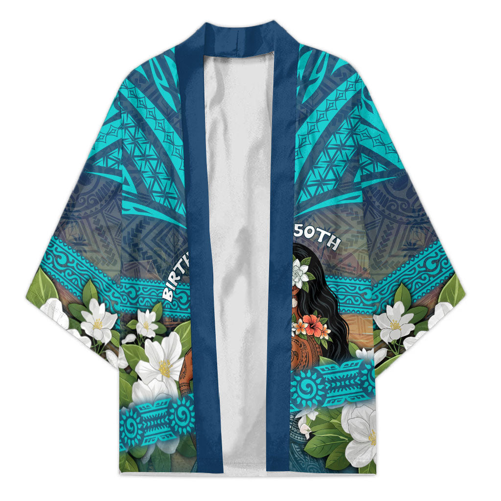 Personalized Polynesian Woman 50th Birthday Kimono Traditional Pacific Tribal Tattoo Floral Art TS04 Unisex Blue - Polynesian Pride