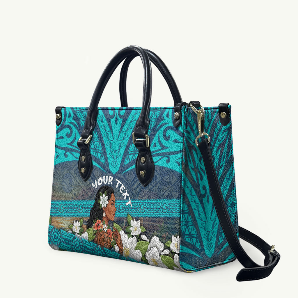 Personalized Polynesian Woman 50th Birthday Leather Bag Traditional Pacific Tribal Tattoo Floral Art TS04 Blue - Polynesian Pride