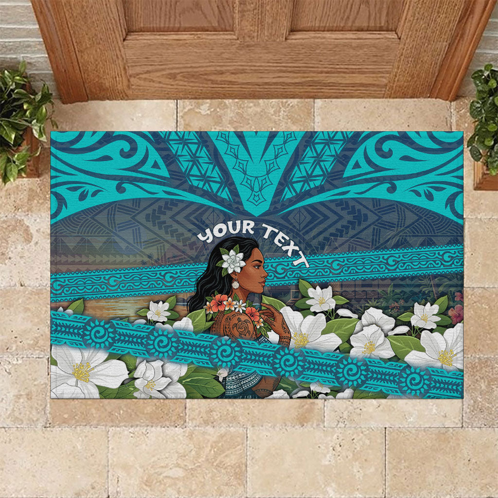 Personalized Polynesian Woman 50th Birthday Rubber Doormat Traditional Pacific Tribal Tattoo Floral Art TS04 Blue - Polynesian Pride