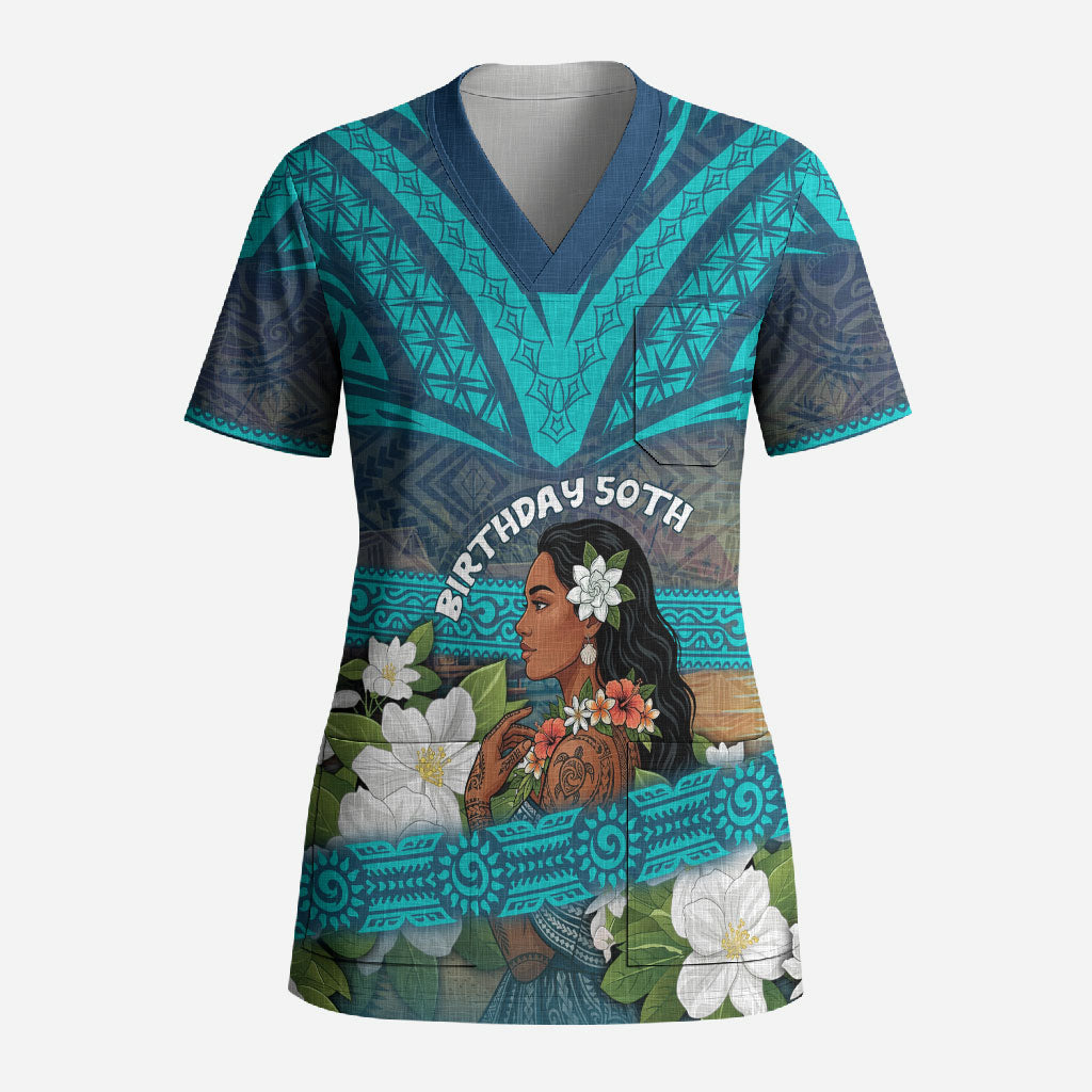 Personalized Polynesian Woman 50th Birthday Scrub Top Traditional Pacific Tribal Tattoo Floral Art TS04 Adult Blue - Polynesian Pride