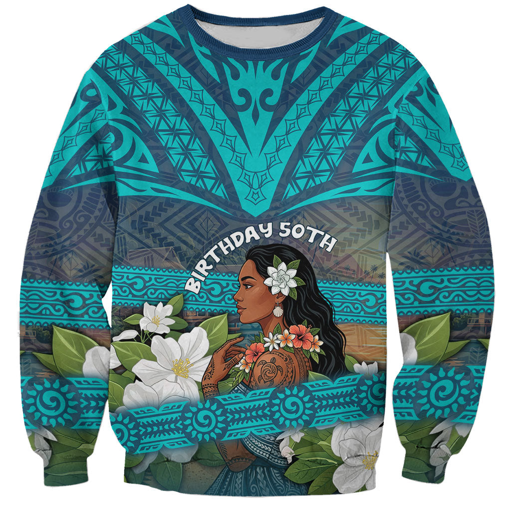 Personalized Polynesian Woman 50th Birthday Sweatshirt Traditional Pacific Tribal Tattoo Floral Art TS04 Unisex Blue - Polynesian Pride
