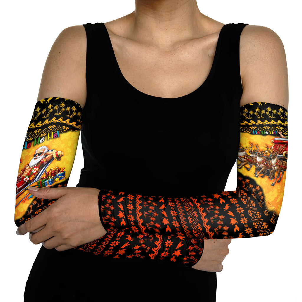 Tropical Christmas In July Santa Claus Arm Sleeves Festive Hawaiian With Beach Reindeer Sleigh TS04 - Polynesian Pride