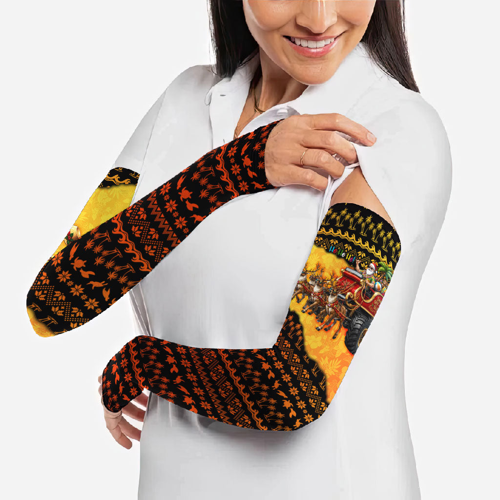Tropical Christmas In July Santa Claus Arm Sleeves Festive Hawaiian With Beach Reindeer Sleigh TS04 - Polynesian Pride