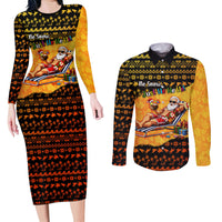 Tropical Christmas In July Santa Claus Couples Matching Long Sleeve Bodycon Dress and Long Sleeve Button Shirt Festive Hawaiian With Beach Reindeer Sleigh TS04 Orange Black - Polynesian Pride