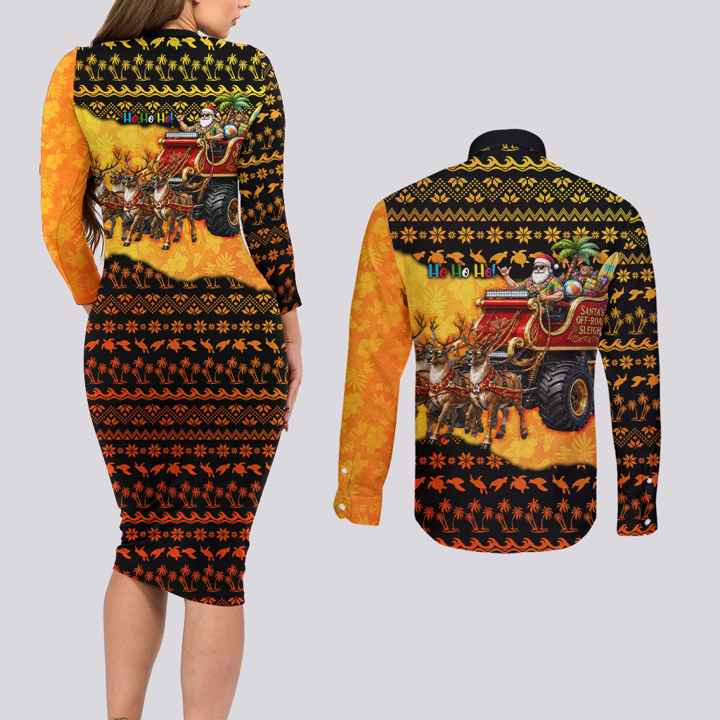 Tropical Christmas In July Santa Claus Couples Matching Long Sleeve Bodycon Dress and Long Sleeve Button Shirt Festive Hawaiian With Beach Reindeer Sleigh TS04 - Polynesian Pride