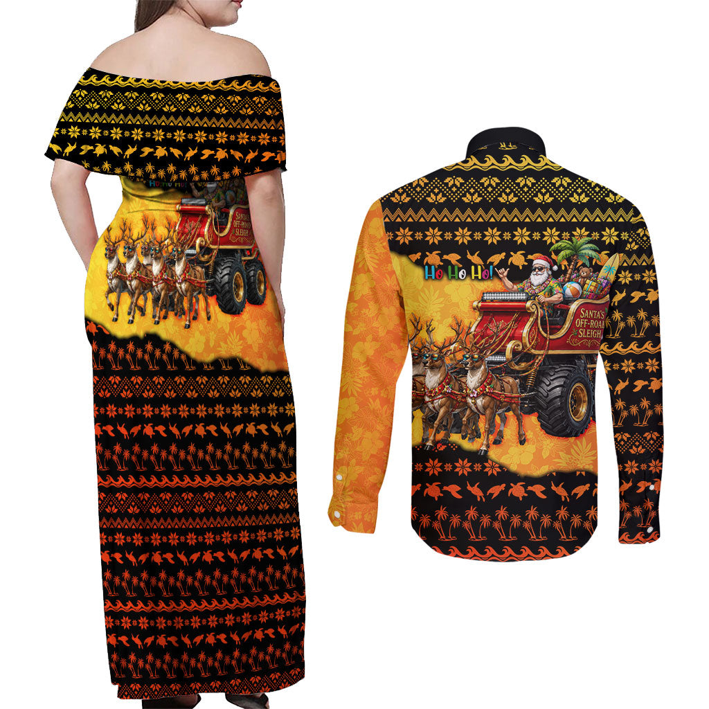 Tropical Christmas In July Santa Claus Couples Matching Off Shoulder Maxi Dress and Long Sleeve Button Shirt Festive Hawaiian With Beach Reindeer Sleigh TS04 - Polynesian Pride
