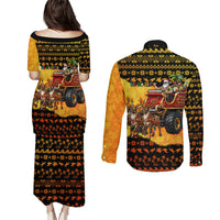 Tropical Christmas In July Santa Claus Couples Matching Puletasi and Long Sleeve Button Shirt Festive Hawaiian With Beach Reindeer Sleigh TS04 - Polynesian Pride