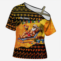 Tropical Christmas In July Santa Claus Cross Shoulder Shirt Festive Hawaiian With Beach Reindeer Sleigh TS04 Female Orange Black - Polynesian Pride