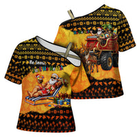 Tropical Christmas In July Santa Claus Cross Shoulder Shirt Festive Hawaiian With Beach Reindeer Sleigh TS04 - Polynesian Pride
