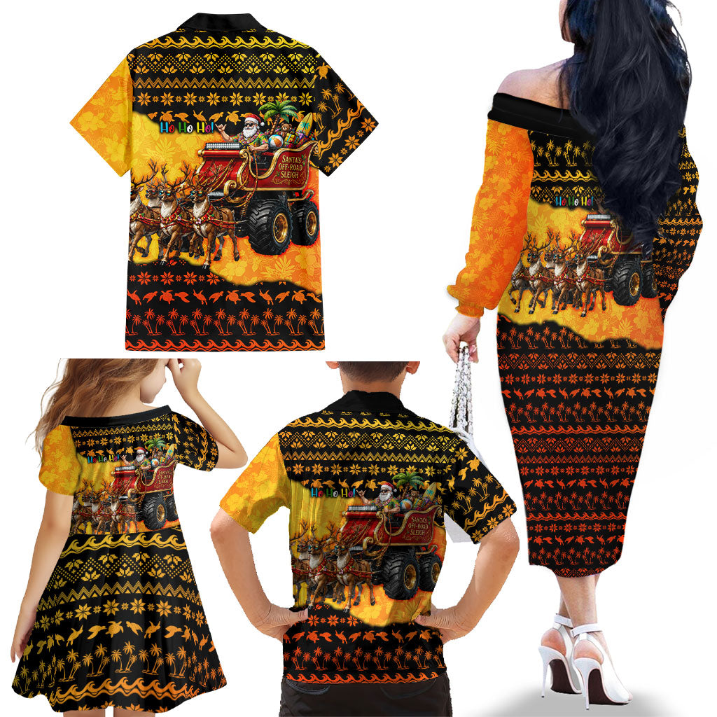 Tropical Christmas In July Santa Claus Family Matching Off The Shoulder Long Sleeve Dress and Hawaiian Shirt Festive Hawaiian With Beach Reindeer Sleigh TS04 - Polynesian Pride