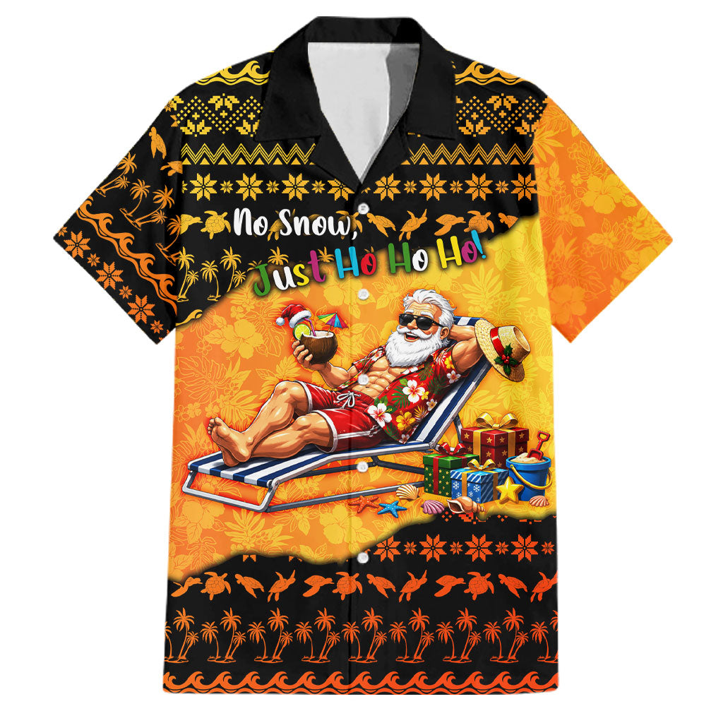 Tropical Christmas In July Santa Claus Family Matching Off The Shoulder Long Sleeve Dress and Hawaiian Shirt Festive Hawaiian With Beach Reindeer Sleigh TS04 Dad's Shirt - Short Sleeve Orange Black - Polynesian Pride