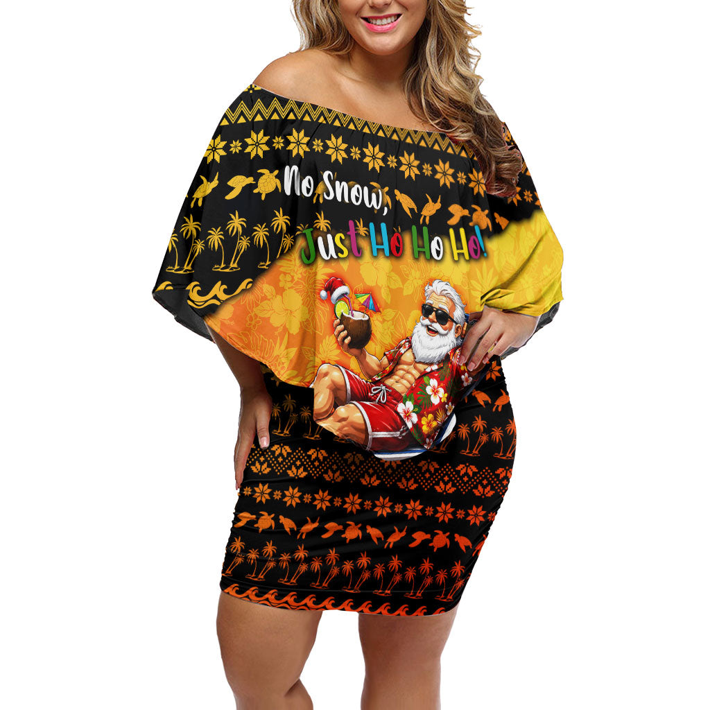 Tropical Christmas In July Santa Claus Family Matching Off Shoulder Short Dress and Hawaiian Shirt Festive Hawaiian With Beach Reindeer Sleigh TS04 Mom's Dress Orange Black - Polynesian Pride