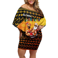 Tropical Christmas In July Santa Claus Family Matching Off Shoulder Short Dress and Hawaiian Shirt Festive Hawaiian With Beach Reindeer Sleigh TS04 Mom's Dress Orange Black - Polynesian Pride