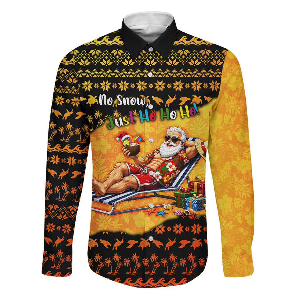Tropical Christmas In July Santa Claus Family Matching Short Sleeve Bodycon Dress and Hawaiian Shirt Festive Hawaiian With Beach Reindeer Sleigh TS04 Dad's Shirt - Long Sleeve Orange Black - Polynesian Pride