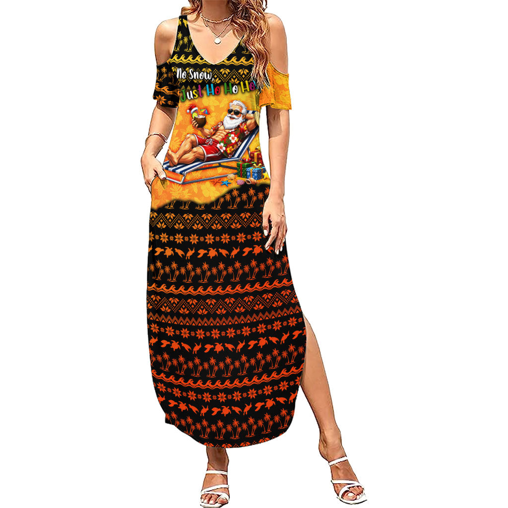 Tropical Christmas In July Santa Claus Family Matching Summer Maxi Dress and Hawaiian Shirt Festive Hawaiian With Beach Reindeer Sleigh TS04 Mom's Dress Orange Black - Polynesian Pride