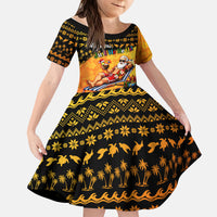 Tropical Christmas In July Santa Claus Kid Short Sleeve Dress Festive Hawaiian With Beach Reindeer Sleigh TS04 KID Orange Black - Polynesian Pride