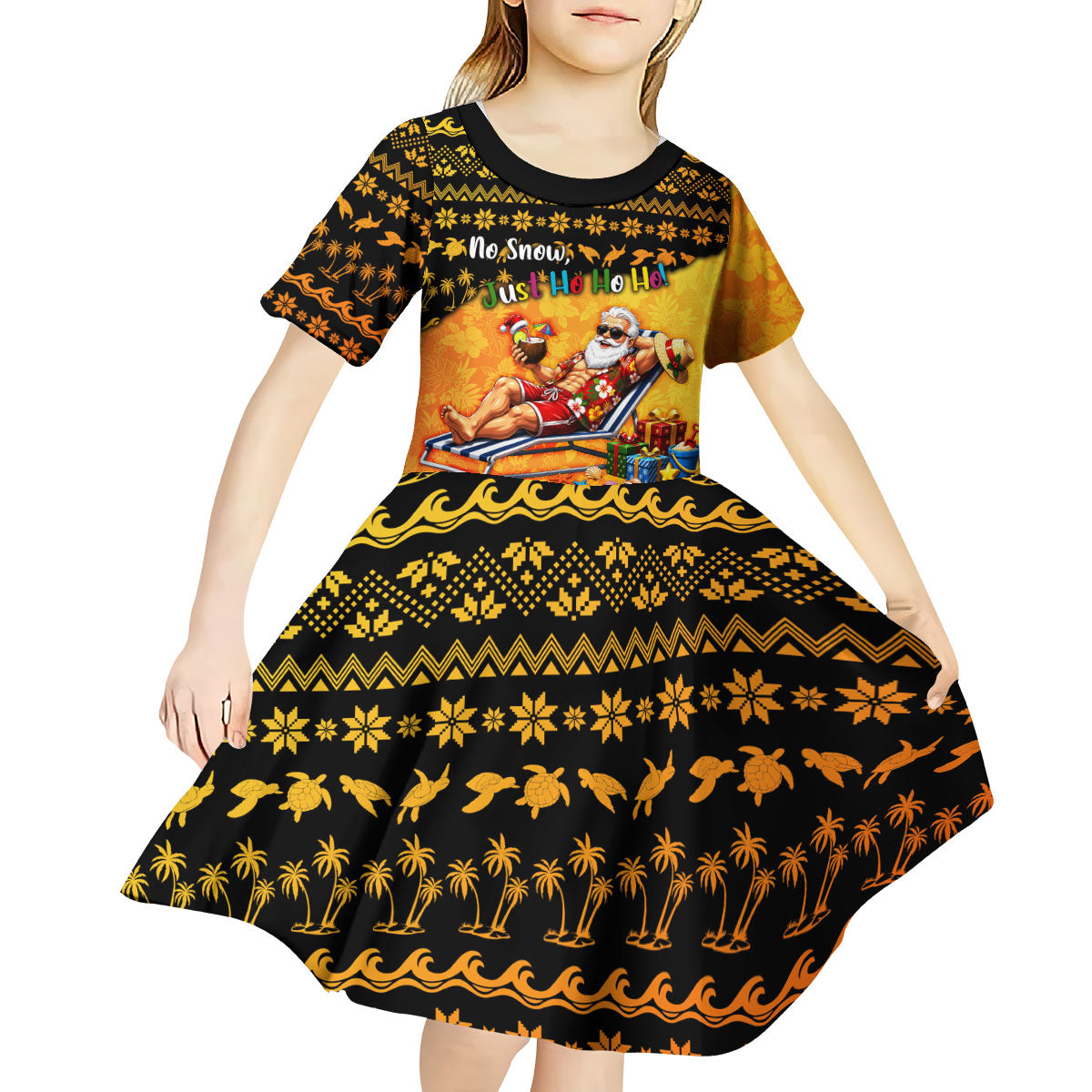 Tropical Christmas In July Santa Claus Kid Short Sleeve Dress Festive Hawaiian With Beach Reindeer Sleigh TS04 - Polynesian Pride