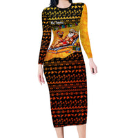 Tropical Christmas In July Santa Claus Long Sleeve Bodycon Dress Festive Hawaiian With Beach Reindeer Sleigh TS04 Long Dress Orange Black - Polynesian Pride