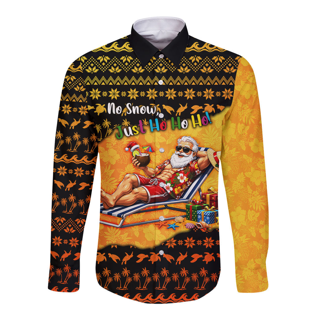 Tropical Christmas In July Santa Claus Long Sleeve Button Shirt Festive Hawaiian With Beach Reindeer Sleigh TS04 Unisex Orange Black - Polynesian Pride