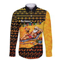 Tropical Christmas In July Santa Claus Long Sleeve Button Shirt Festive Hawaiian With Beach Reindeer Sleigh TS04 Unisex Orange Black - Polynesian Pride