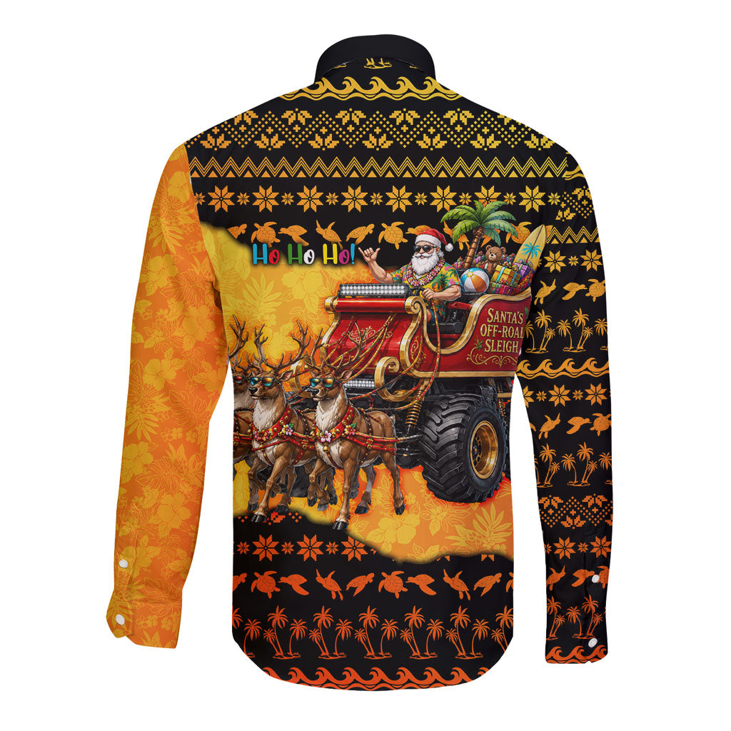 Tropical Christmas In July Santa Claus Long Sleeve Button Shirt Festive Hawaiian With Beach Reindeer Sleigh TS04 - Polynesian Pride