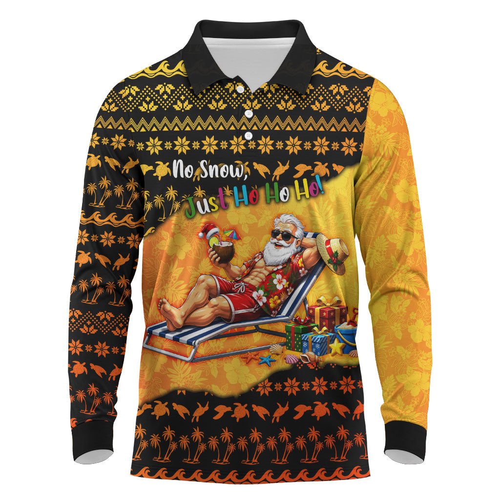 Tropical Christmas In July Santa Claus Long Sleeve Polo Shirt Festive Hawaiian With Beach Reindeer Sleigh TS04 Orange Black - Polynesian Pride