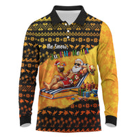 Tropical Christmas In July Santa Claus Long Sleeve Polo Shirt Festive Hawaiian With Beach Reindeer Sleigh TS04 Orange Black - Polynesian Pride