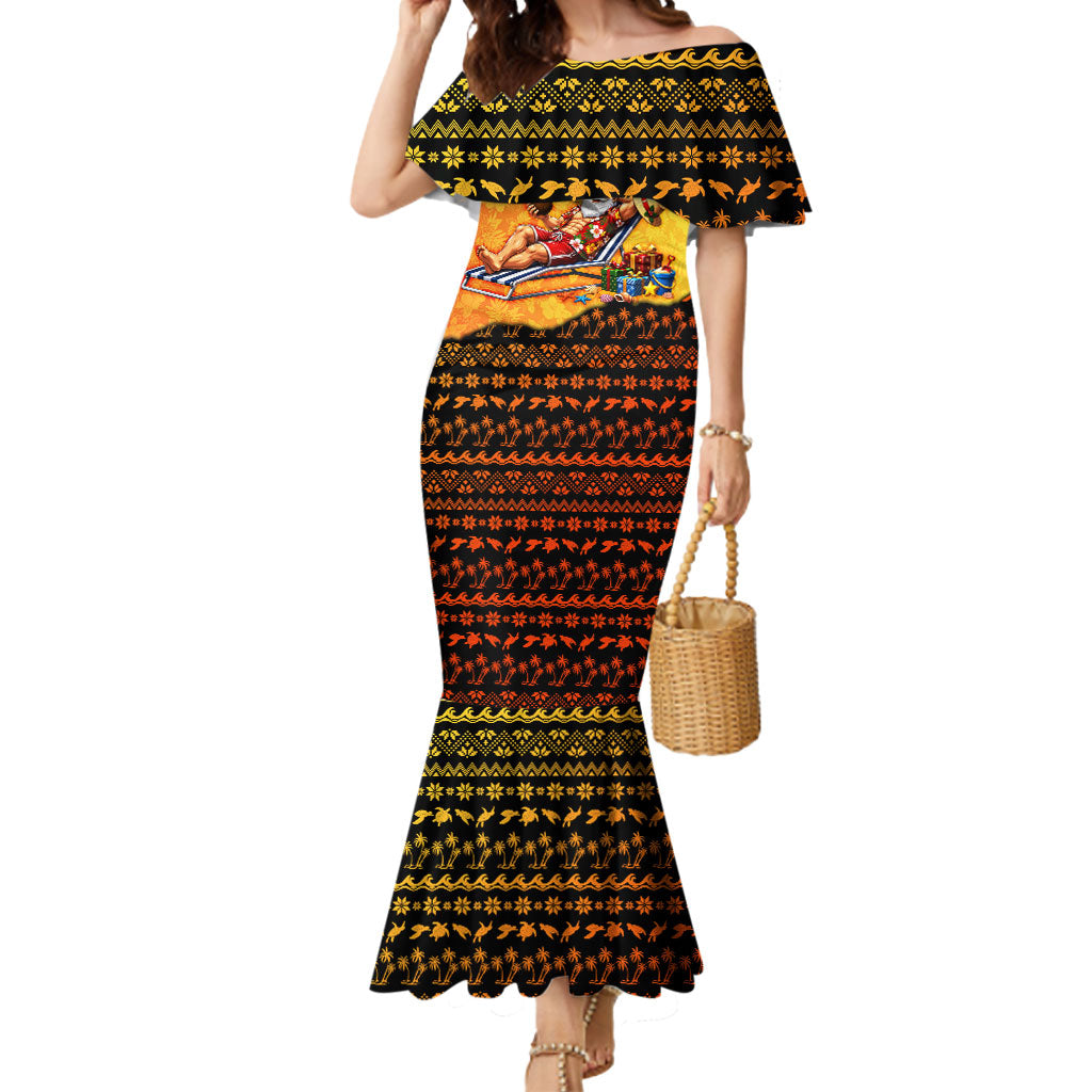 Tropical Christmas In July Santa Claus Mermaid Dress Festive Hawaiian With Beach Reindeer Sleigh TS04 Women Orange Black - Polynesian Pride