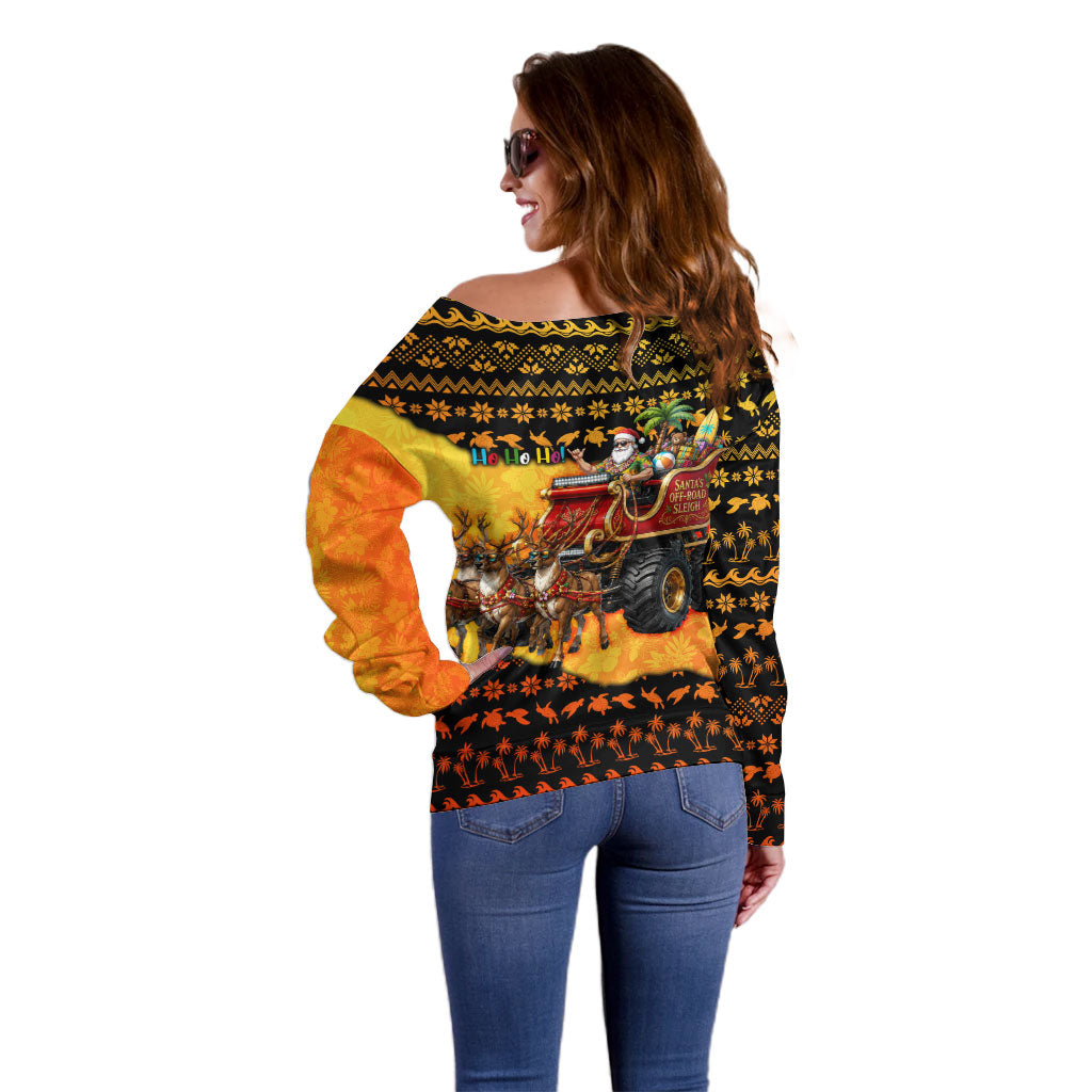 Tropical Christmas In July Santa Claus Off Shoulder Sweater Festive Hawaiian With Beach Reindeer Sleigh TS04 - Polynesian Pride