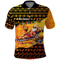 Tropical Christmas In July Santa Claus Polo Shirt Festive Hawaiian With Beach Reindeer Sleigh TS04 Orange Black - Polynesian Pride