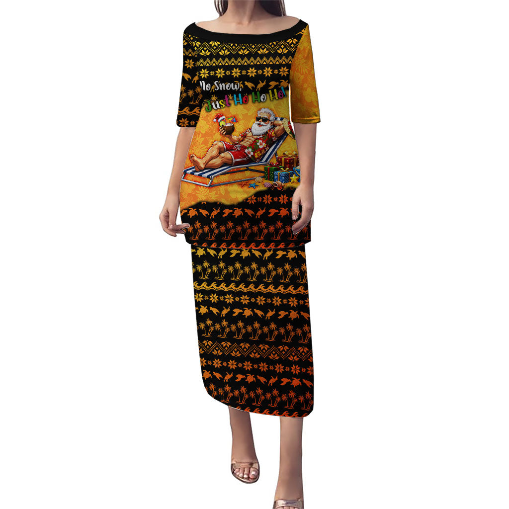 Tropical Christmas In July Santa Claus Puletasi Festive Hawaiian With Beach Reindeer Sleigh TS04 Long Dress Orange Black - Polynesian Pride