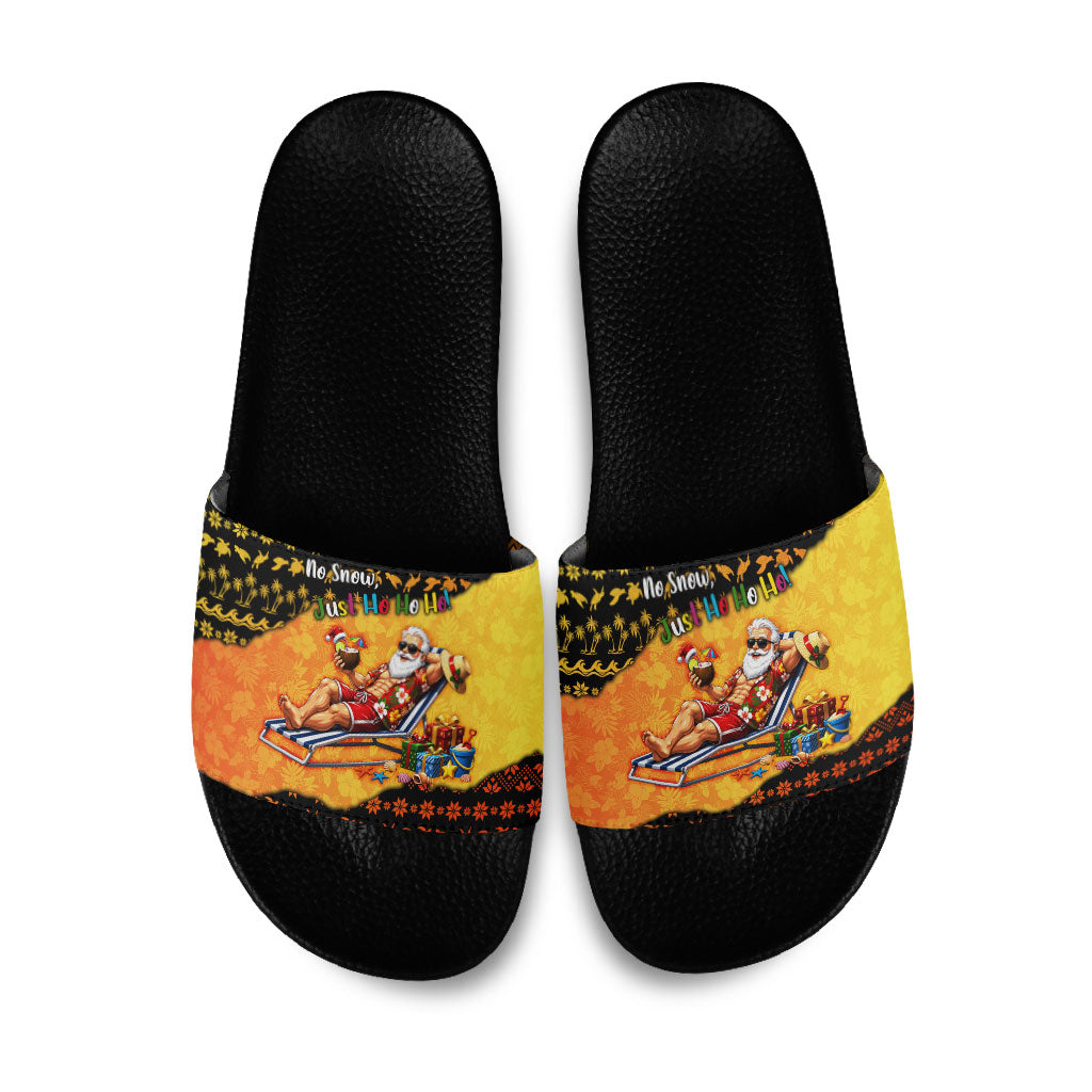 Tropical Christmas In July Santa Claus Slide Sandals Festive Hawaiian With Beach Reindeer Sleigh TS04 Orange Black - Polynesian Pride