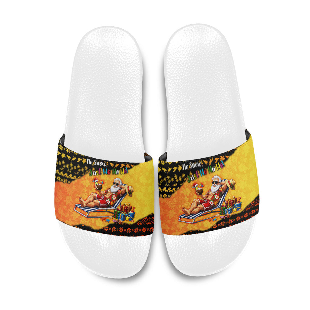 Tropical Christmas In July Santa Claus Slide Sandals Festive Hawaiian With Beach Reindeer Sleigh TS04 Orange Black - Polynesian Pride