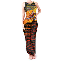 Tropical Christmas In July Santa Claus Tank Maxi Dress Festive Hawaiian With Beach Reindeer Sleigh TS04 Women Orange Black - Polynesian Pride