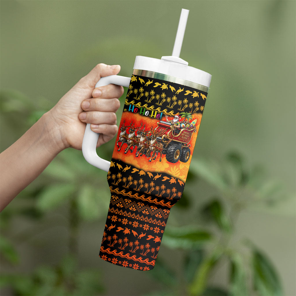 Tropical Christmas In July Santa Claus Tumbler With Handle Festive Hawaiian With Beach Reindeer Sleigh TS04 - Polynesian Pride