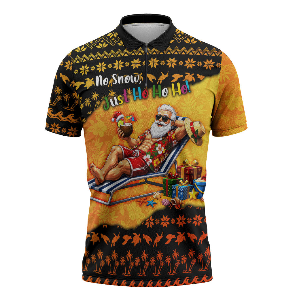 Tropical Christmas In July Santa Claus Zipper Polo Shirt Festive Hawaiian With Beach Reindeer Sleigh TS04 Orange Black - Polynesian Pride