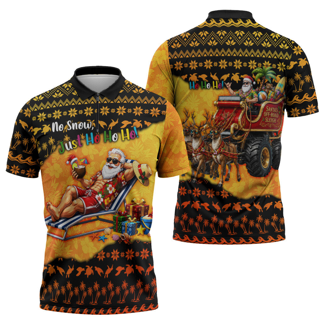 Tropical Christmas In July Santa Claus Zipper Polo Shirt Festive Hawaiian With Beach Reindeer Sleigh TS04 - Polynesian Pride